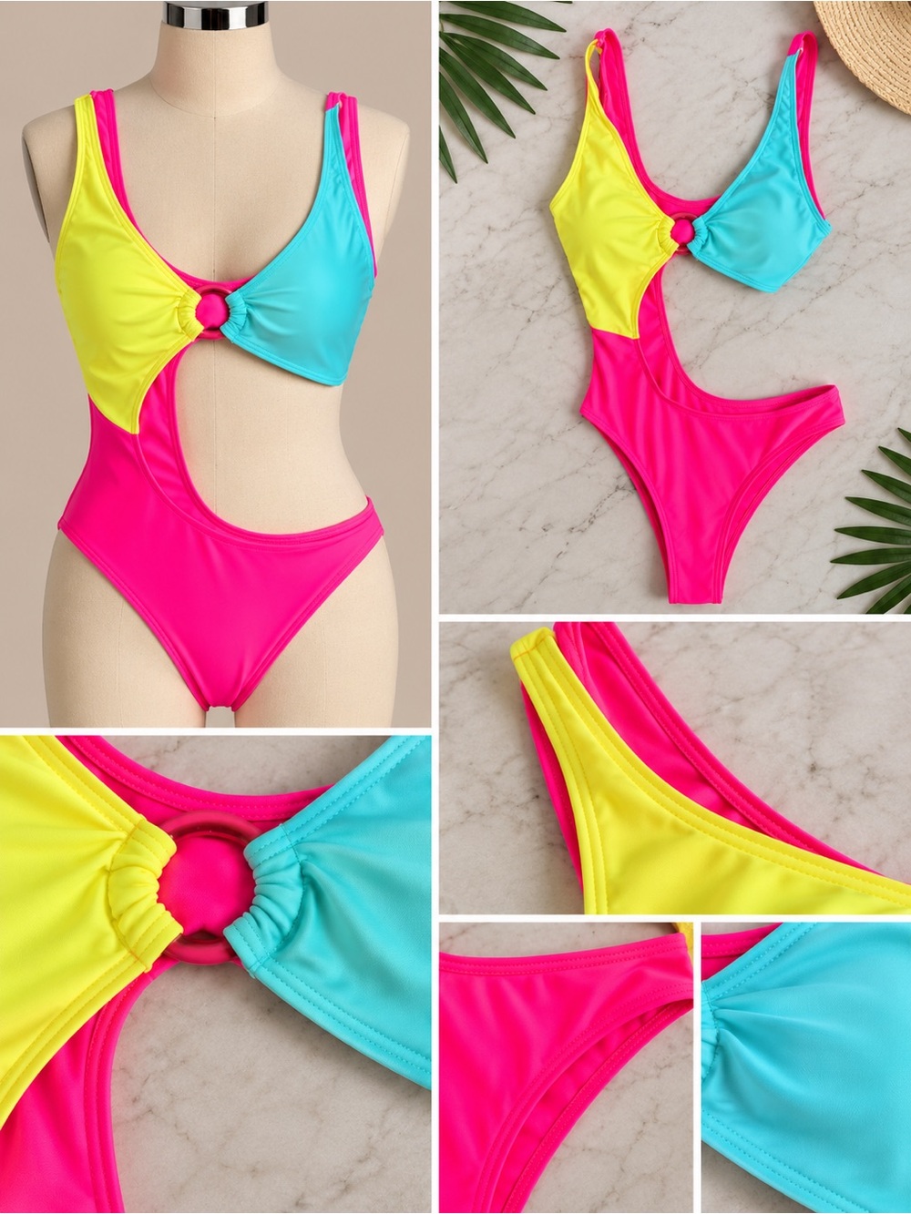 Women’s Colorblock Ring Cutout One-Piece Swimsuit - Pink/Yellow/Blue